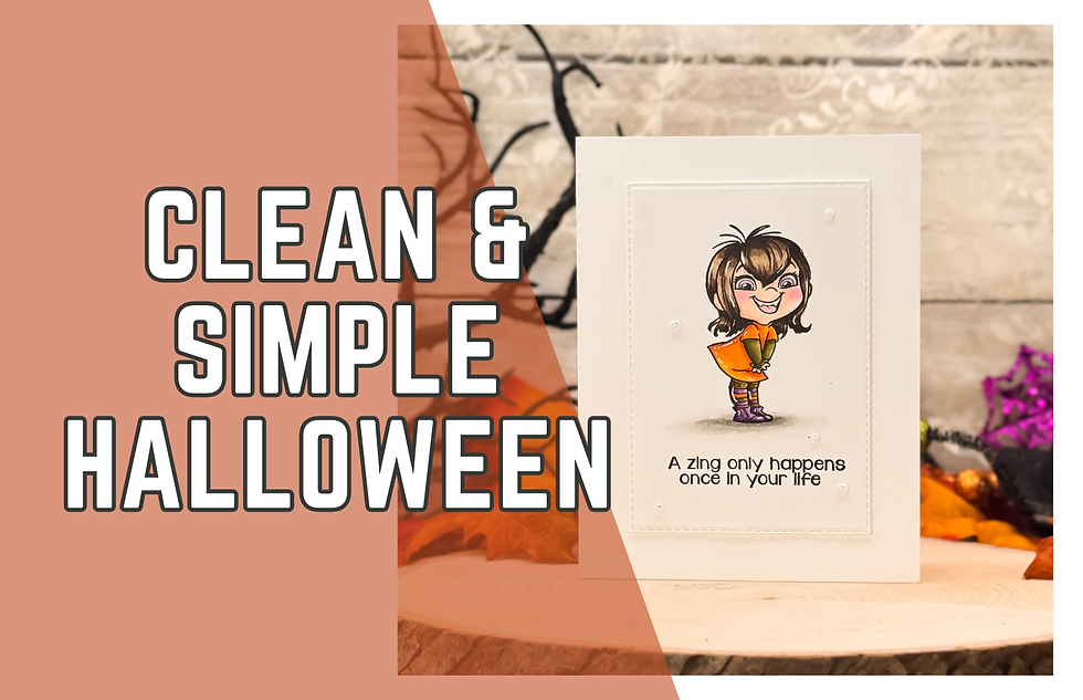 Cartoon girl on a Halloween card, wearing an orange dress, smiling. Text reads "A zing only happens once in your life." Background is festive.