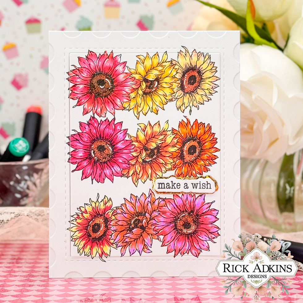 Colorful sunflower card with pink, yellow, orange flowers and "make a wish" text. Background of pastel shapes; feminine, cheerful mood.