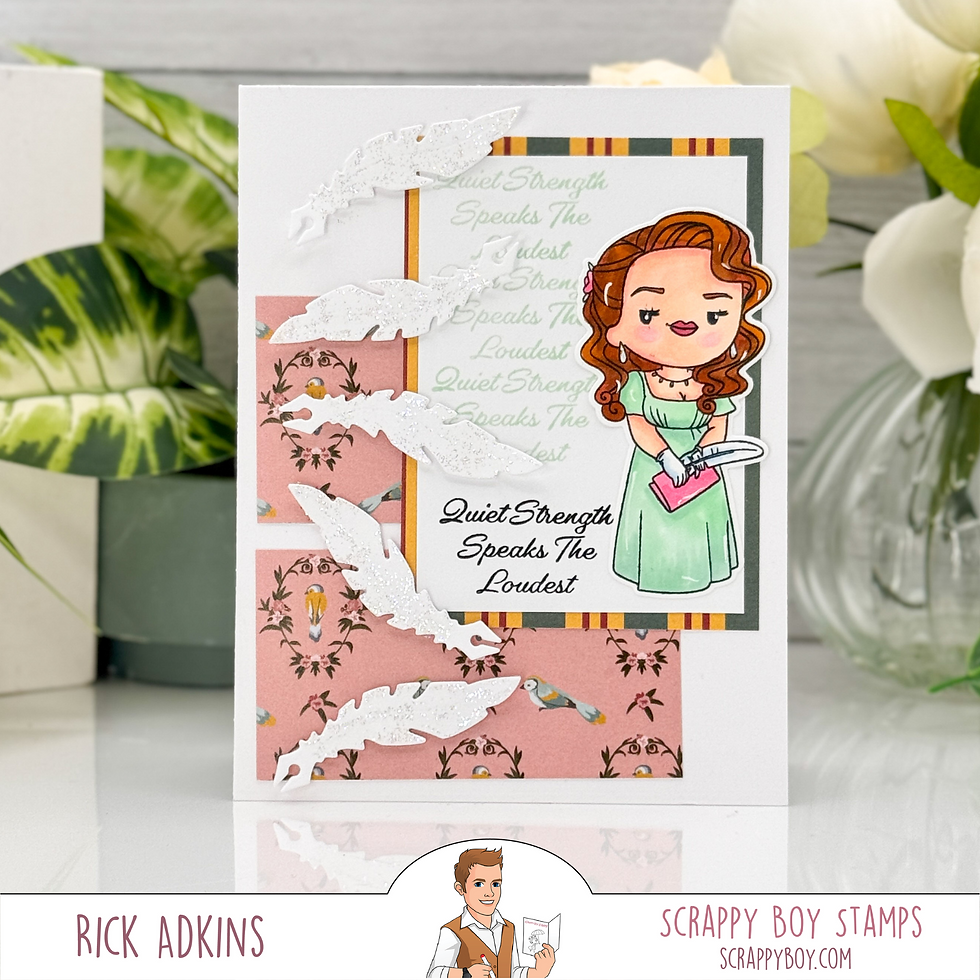 A greeting card featuring a cartoon woman in a green dress holding a book, surrounded by white feathers on a floral background. Text reads "Quiet Strength Speaks The Loudest".