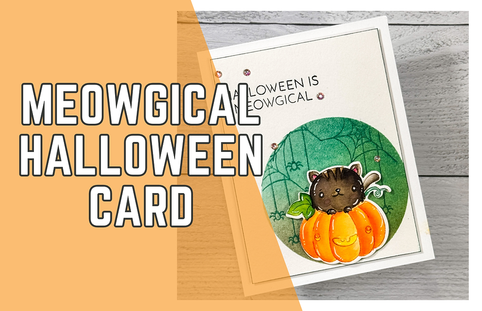 Card features a cute cat in a pumpkin, green spiderweb background, and sparkling accents. Text: "MEOWGICAL HALLOWEEN CARD."