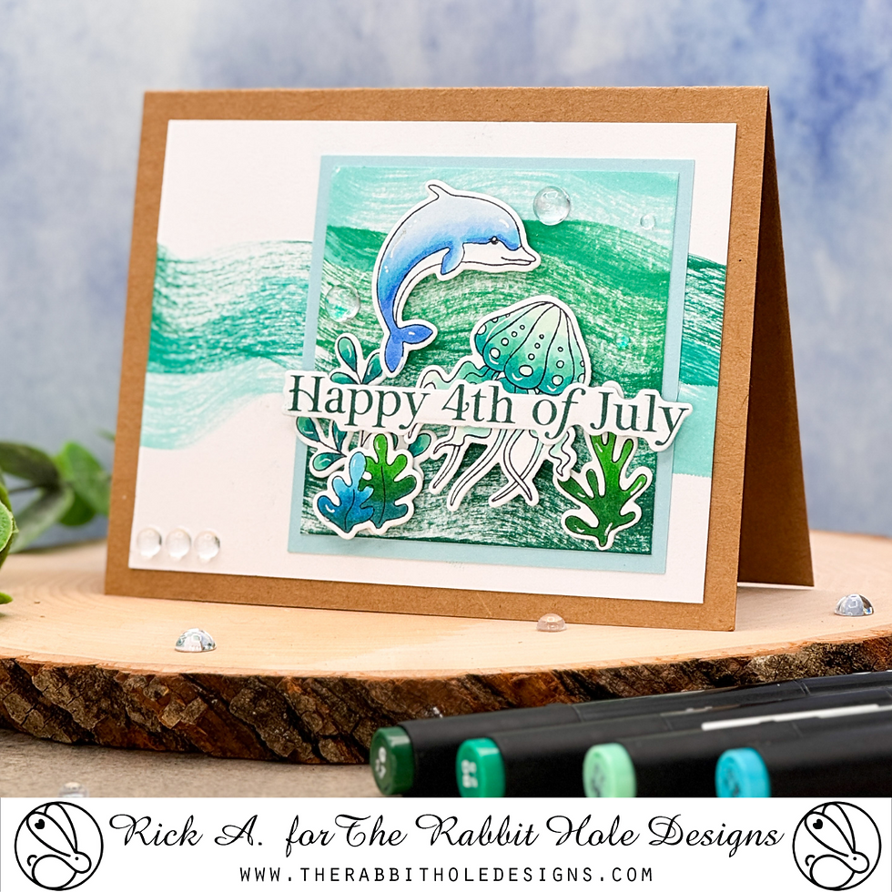 Greeting card with a dolphin and jellyfish, green waves in the background, text "Happy 4th of July." Brown border, tranquil mood.