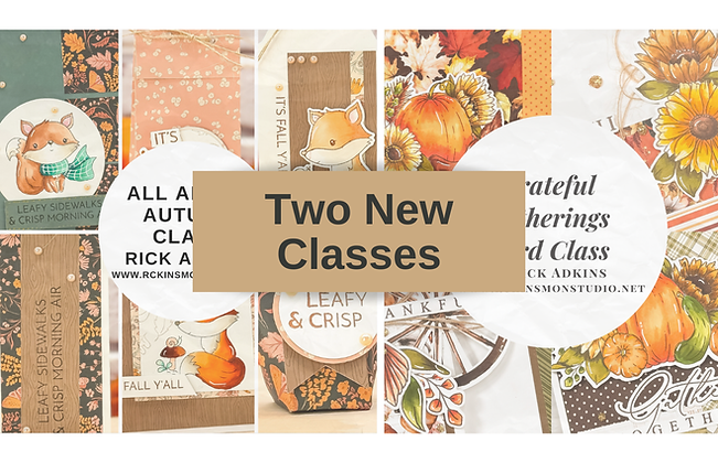 Autumn-themed crafts with foxes and pumpkins. "Two New Classes" text in center. Background with leaves and warm colors.