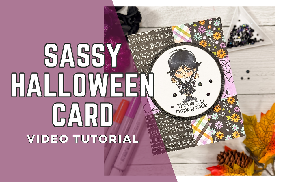 Sassy Halloween card with a cartoon character and "This is my happy face" text. Floral and plaid patterns. "Sassy Halloween Card Video Tutorial."