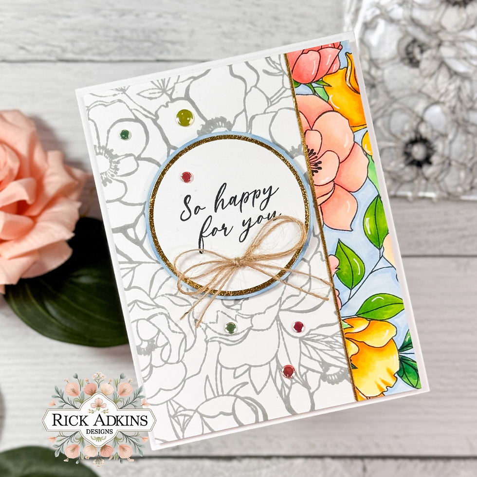 Floral greeting card with "So happy for you" text, colorful and black-and-white flower patterns, twine bow, and a pink rose background.