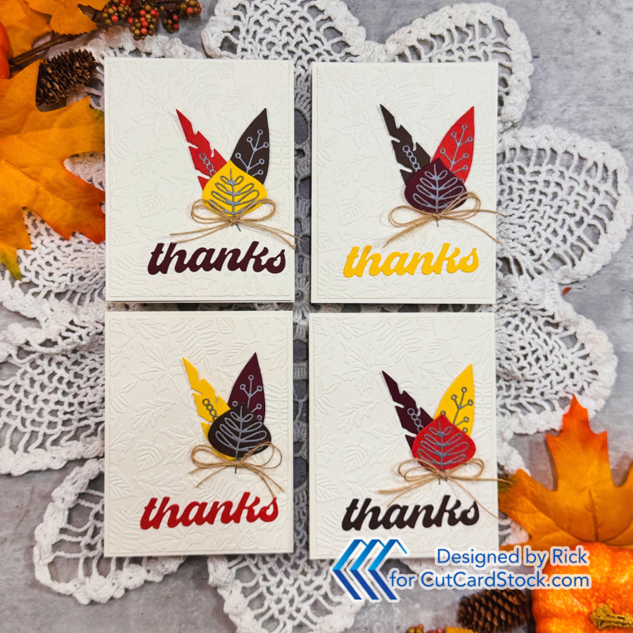 Four handmade fall thank-you cards with embossed leaves, twine bows, and colorful leaf cutouts on lace doily; thanks text.