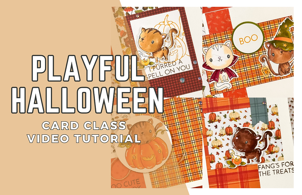 Cute illustrated cats in Halloween costumes on plaid-patterned cards. Text reads "Playful Halloween Card Class Video Tutorial." Warm tones.