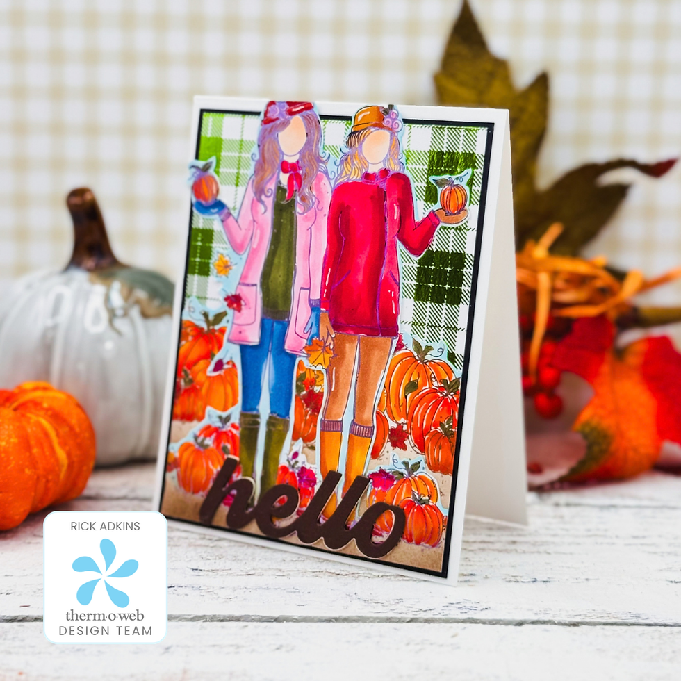 Autumn greeting card with two faceless women in colorful outfits holding pumpkins, surrounded by pumpkins, with hello text.