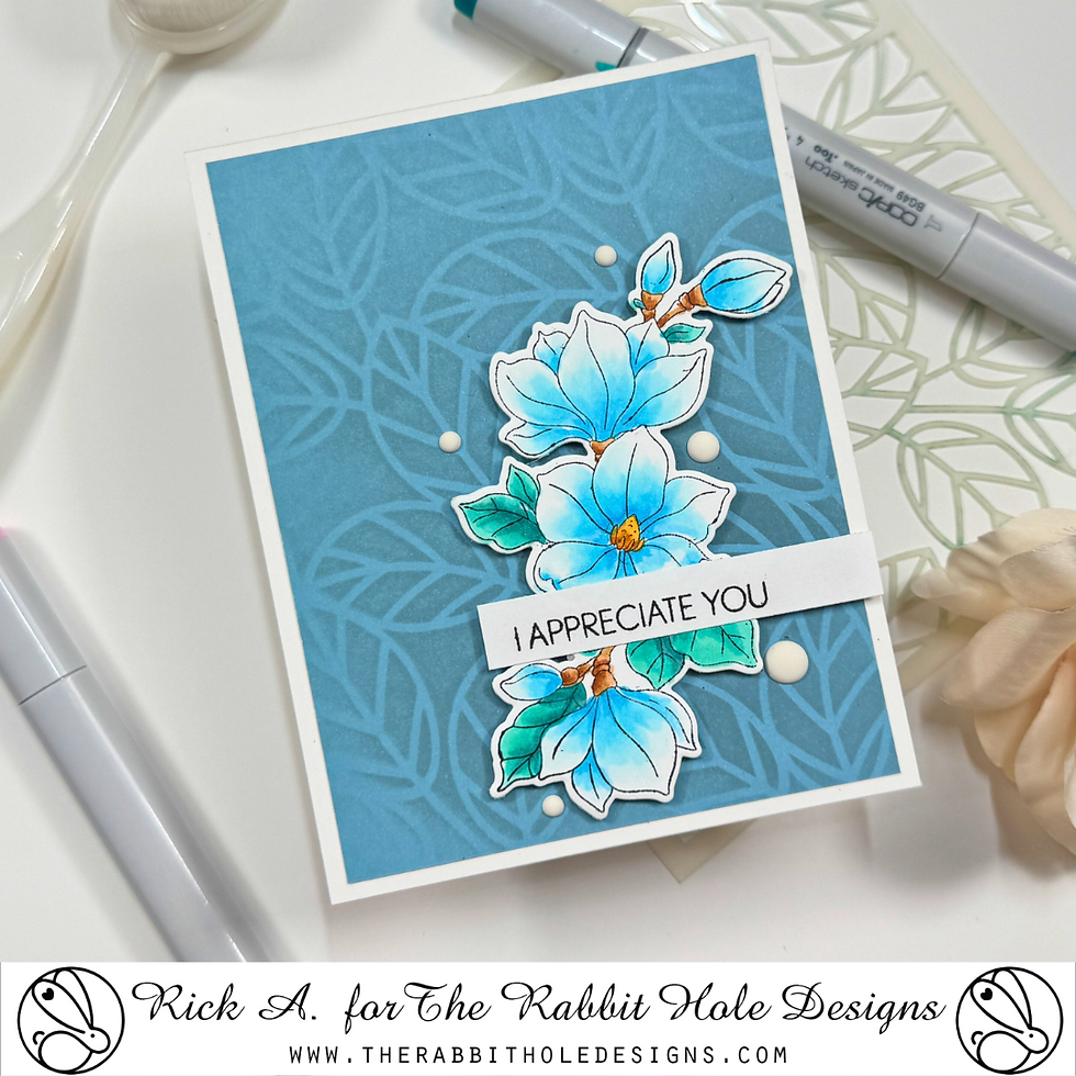 Greeting card with blue flowers on a leafy background, text "I APPRECIATE YOU." Includes art tools and logo for The Rabbit Hole Designs.