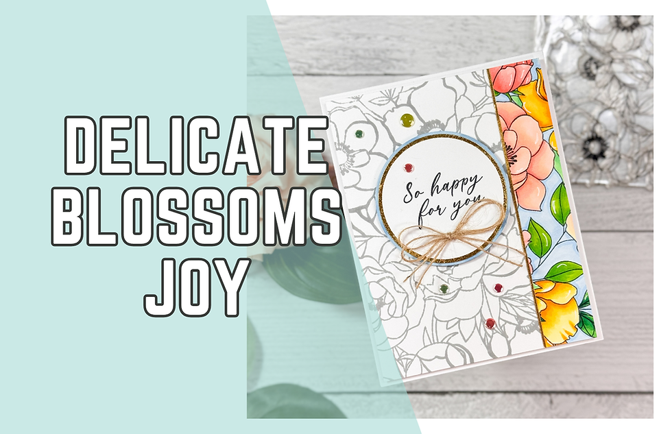 Greeting card with colorful flowers, a twine bow, and the message "So happy for you" on a pastel background. Text: Delicate Blossoms Joy.