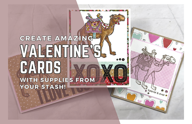 Valentine’s cards with camels, love patterns, and phrases like “XOXO”. Text overlay: "Create amazing Valentine's cards".