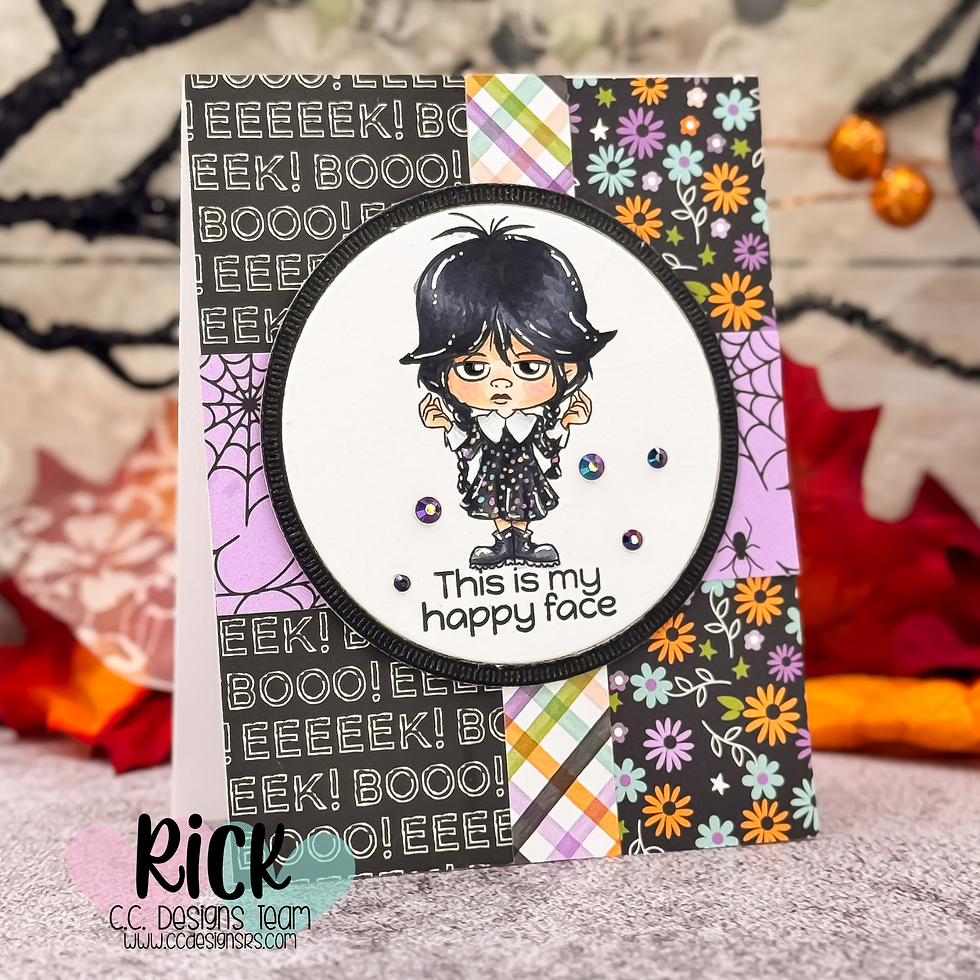Cartoon character with a serious face on a colorful Halloween-themed card. Text: "This is my happy face." Background: "Eek! Boo!"