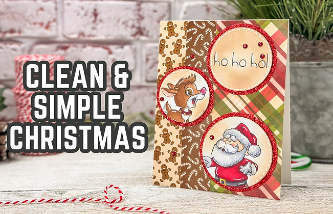 Christmas card with Santa and reindeer in red glitter circles, plaid and gingerbread patterns. Text reads "ho ho ho!" and "Clean & Simple Christmas."