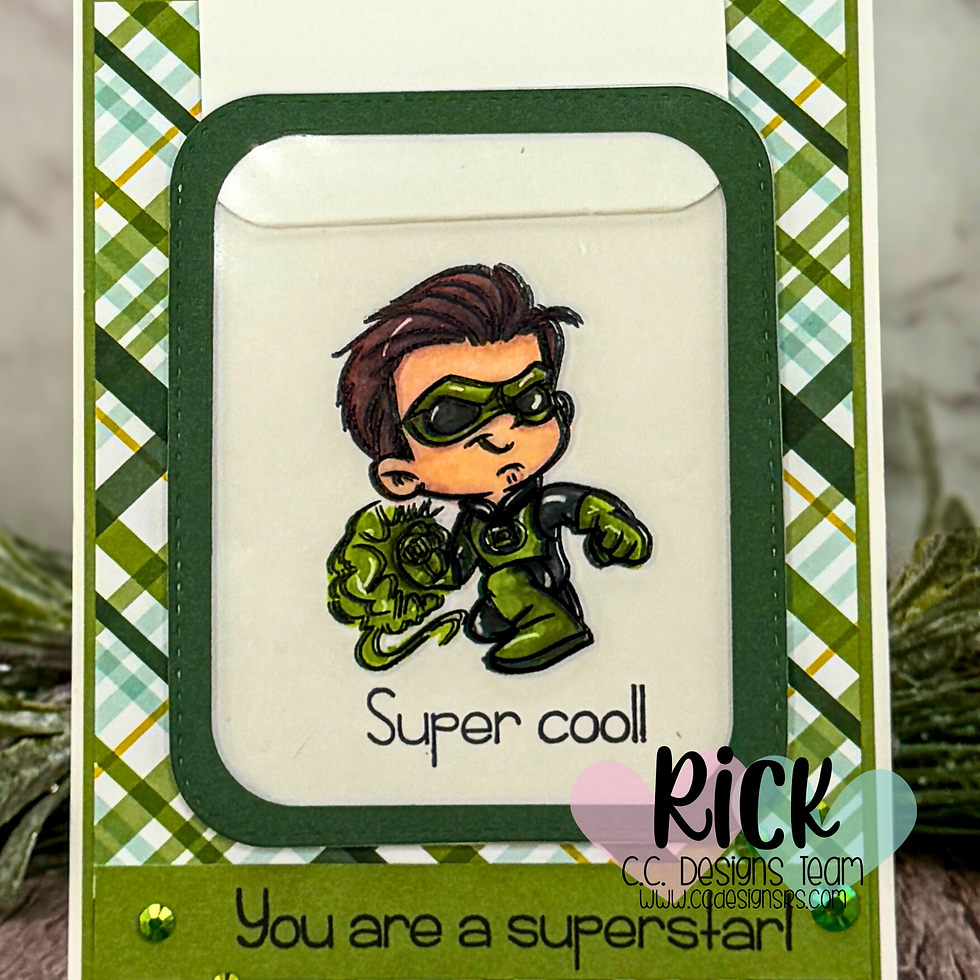 Cartoon hero in green outfit, mask, and power ring on card with plaid border. Text: "Super cool!" "You are a superstar!" Energetic mood.