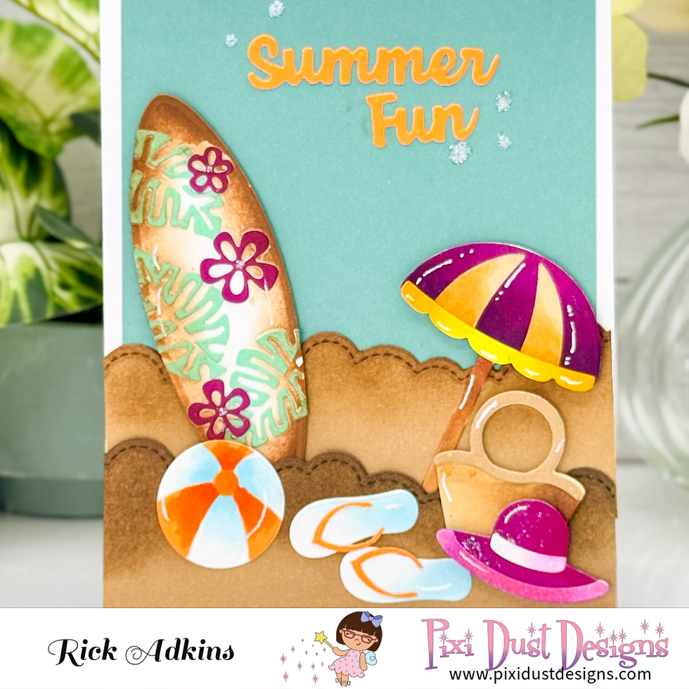 Beach-themed card with surfboard, umbrella, sandals, and ball on sand. "Summer Fun" text in orange. Bright colors, playful mood.