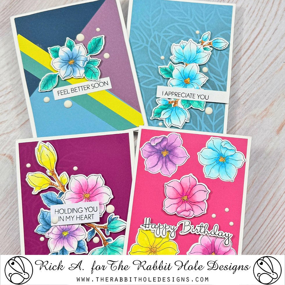 Four floral greeting cards with colorful backgrounds display messages: "Feel Better Soon," "I Appreciate You," "Holding You in My Heart," "Happy Birthday."