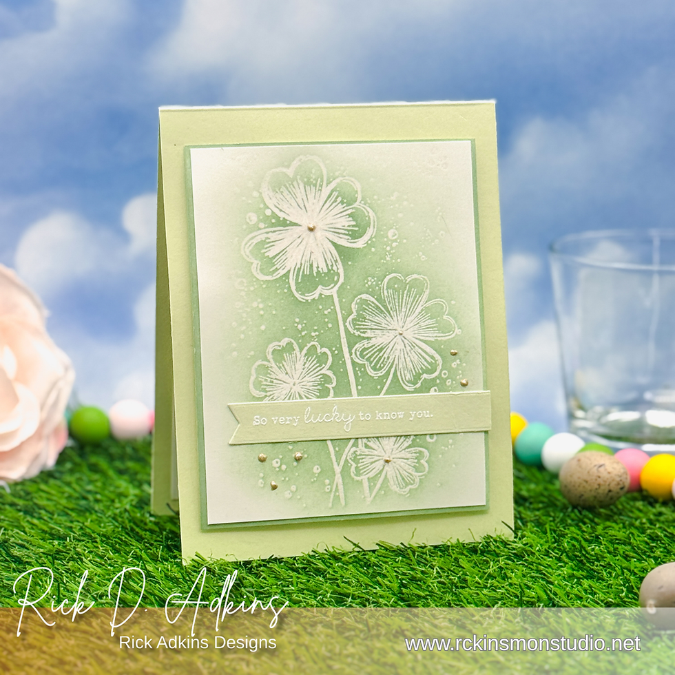 Green card with white flowers and "So very lucky to know you" text. It’s on green grass, with a blue sky background and colorful eggs.