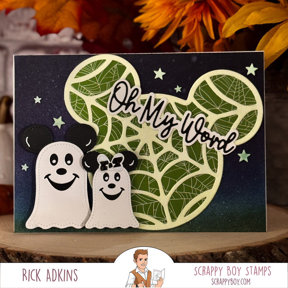 Two ghostly figures with Mickey ears, smiling against a dark leaf pattern background. Text reads "Oh My Word." Stars and autumn leaves surround.
