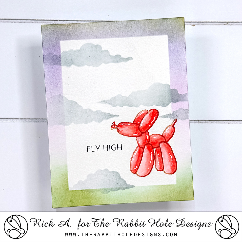 Red balloon dog against a cloudy sky background with "FLY HIGH" text. Muted pastel borders create a whimsical and uplifting mood.