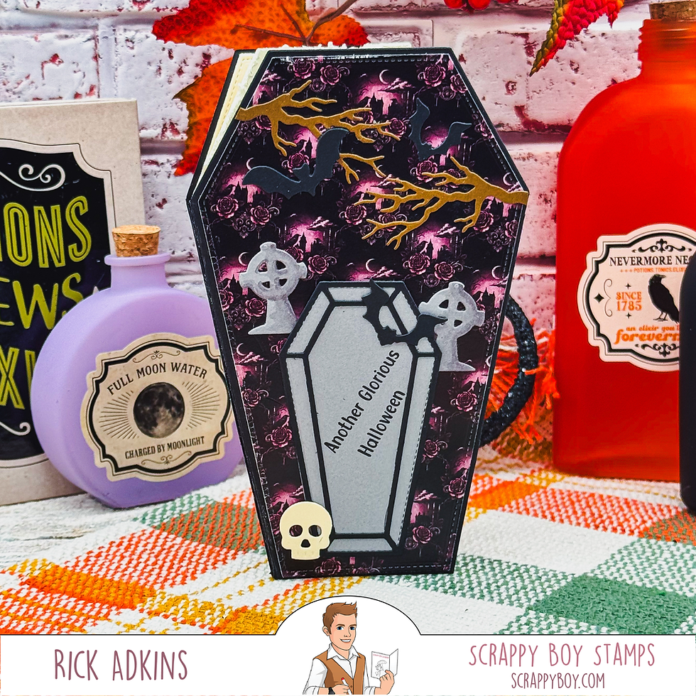 Halloween coffin card with bats and skulls, reading Another Glorious Halloween, among spooky potion bottles.