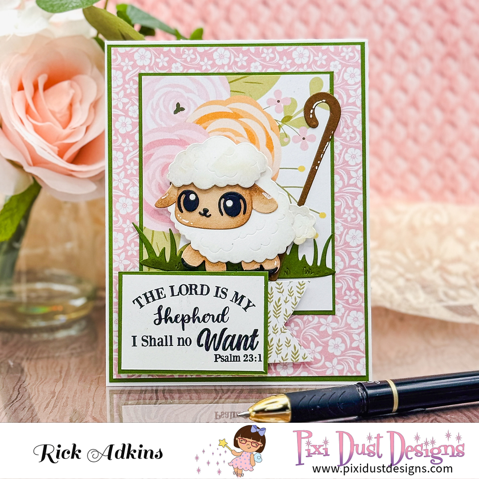 Handmade Christian card with cute sheep and pink floral design; verse reads The Lord is my Shepherd, I shall no Want.