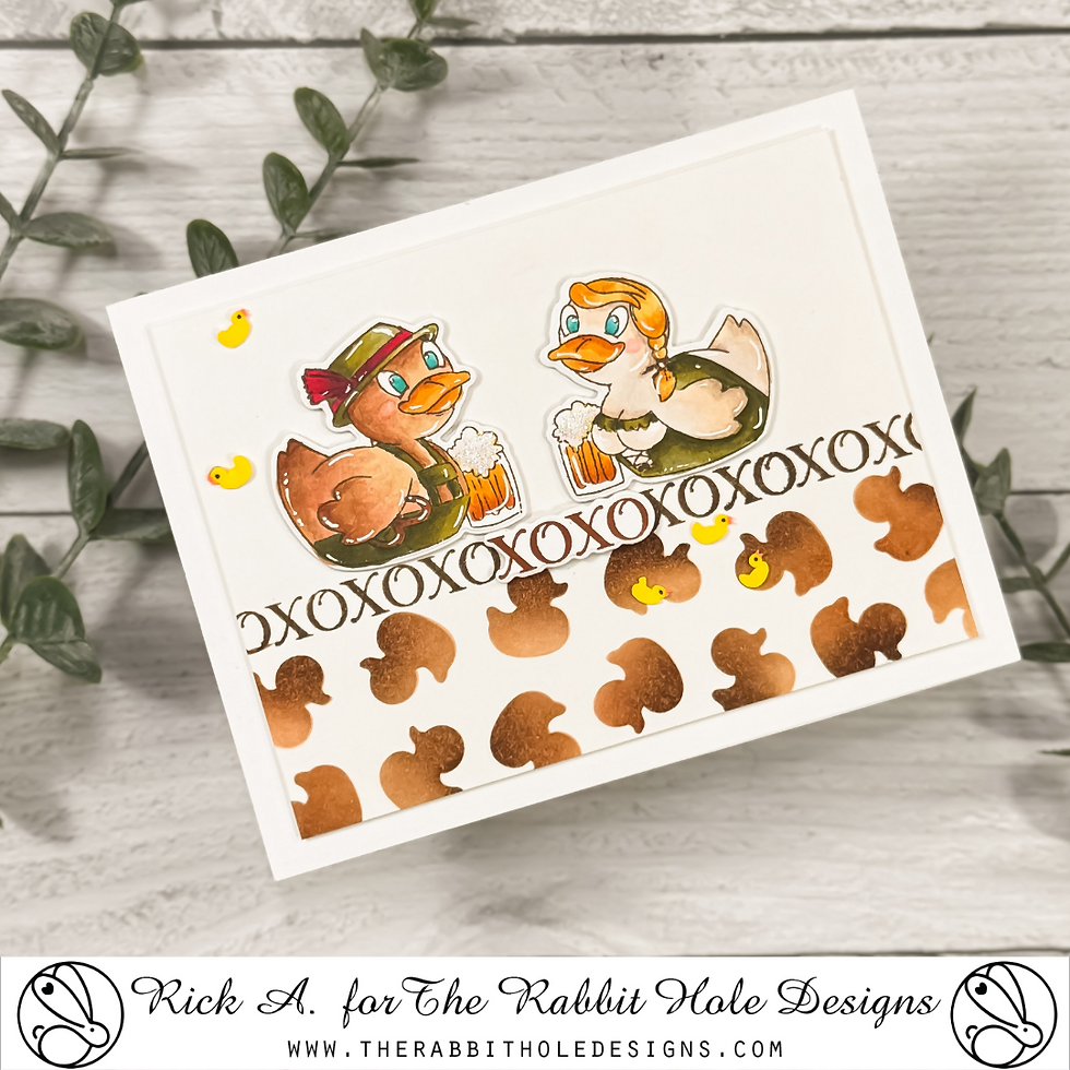 Cartoon ducks in Bavarian attire with beer mugs on a greeting card. Brown duck silhouettes and "XOXO" pattern. Green leaves in the background.