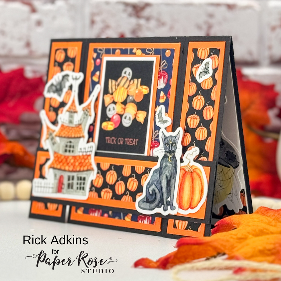 Halloween-themed card with a black cat, pumpkins, candy, and a haunted house on an orange and black background. "Trick or Treat" text.