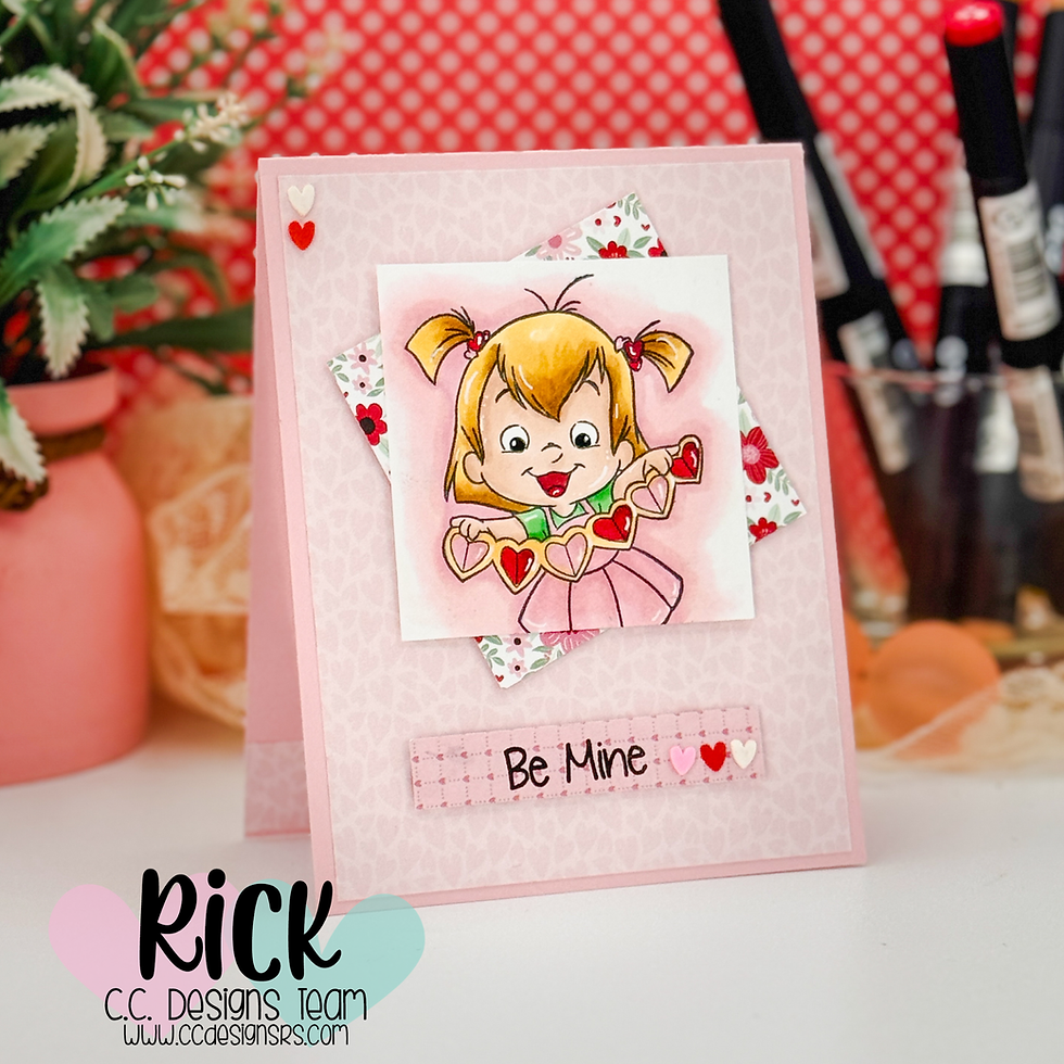 A greeting card featuring a cartoon girl with hearts, text "Be Mine," and a pink, floral background. Cheery mood with vibrant colors.