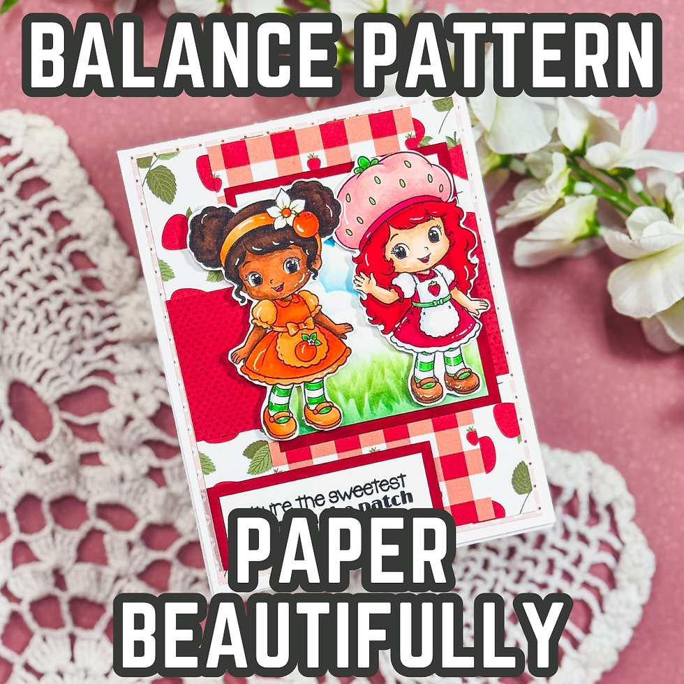 Handmade friendship card featuring stamped characters, pattern paper, ink blending, and scene building that demonstrates balanced card design principles.