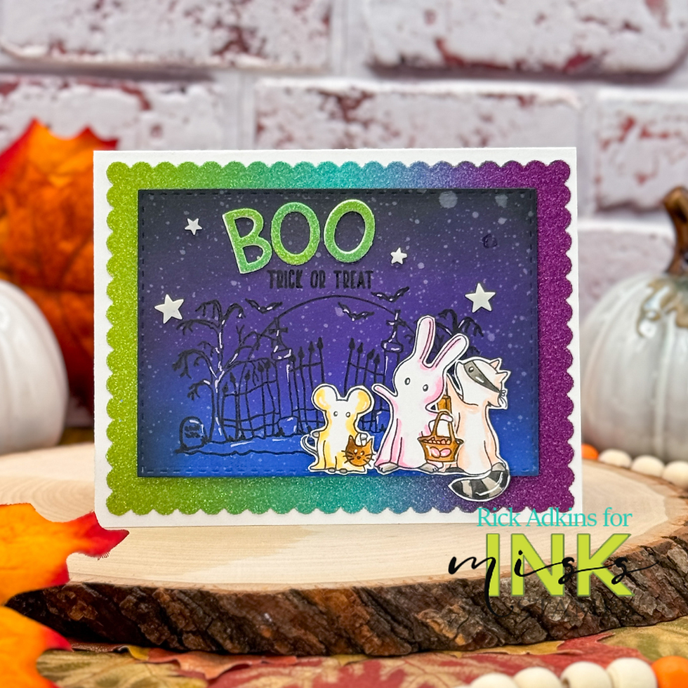 Cute animals trick-or-treat with baskets under green "BOO" text on a Halloween card. Night sky, fence, stars, and pumpkins set the scene.