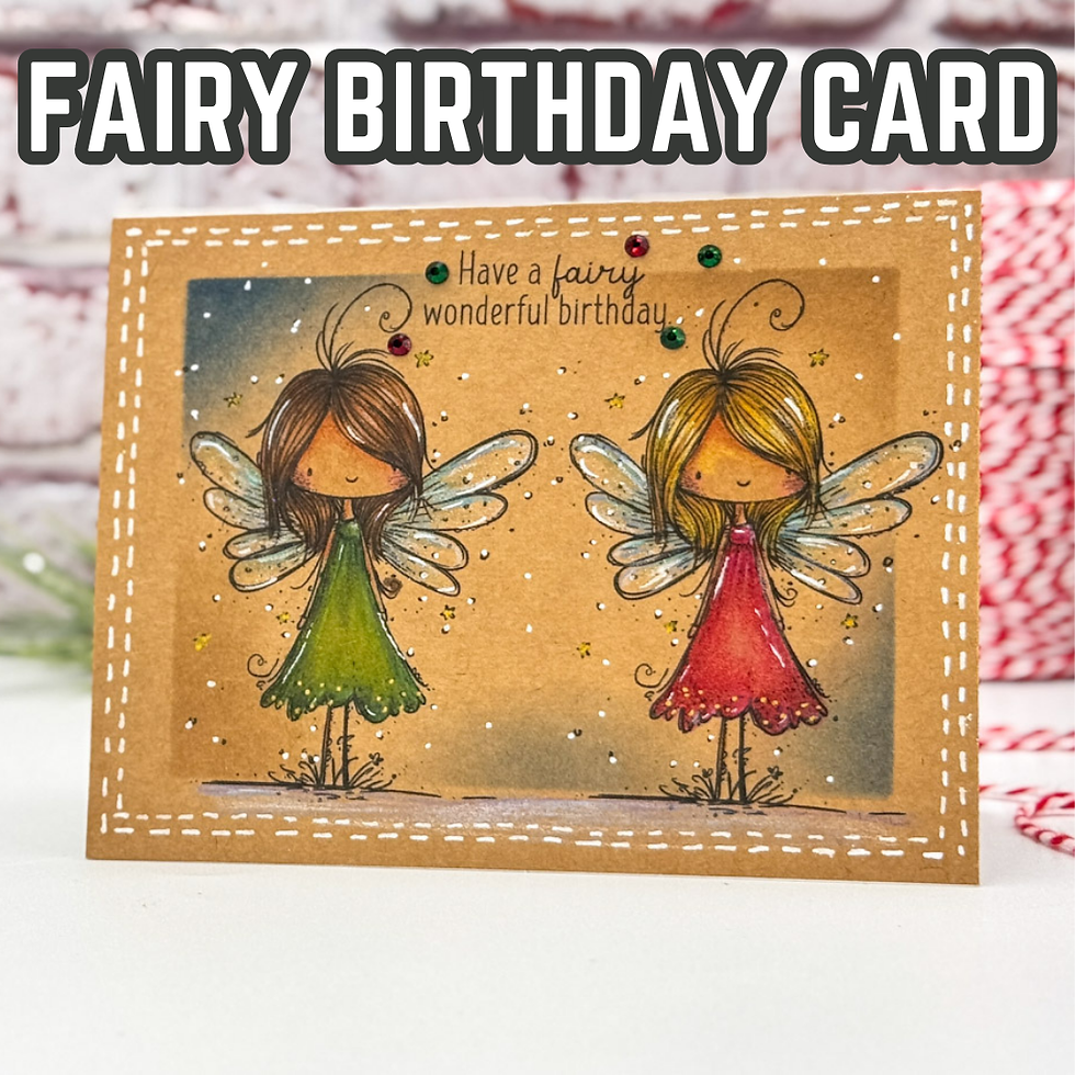 Fairy-themed birthday card featuring two fairies in green and red dresses on a kraft background. Text reads: "Have a fairy wonderful birthday."
