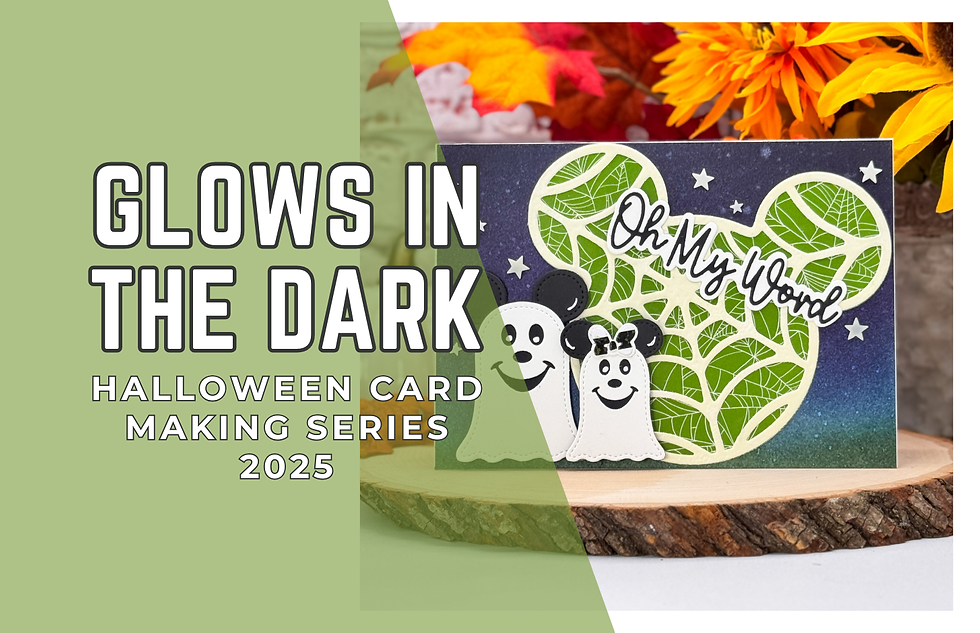 Halloween card on wooden slice, ghost design, text "Oh My Word," orange flowers, with overlay text "Glows in the Dark." Mood: festive.