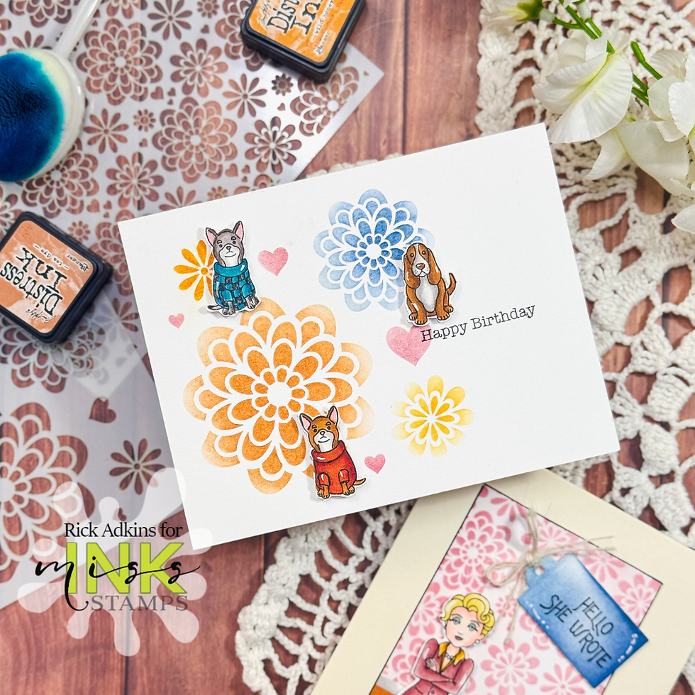 Greeting card with colorful floral patterns, cute dog illustrations, and "Happy Birthday" text. Ink pads and flowers in the background.