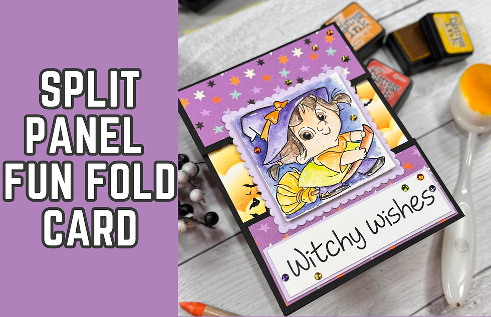 Card with cute witch drawing on a broom, on a purple starry background. Text: Witchy Wishes. Ink pads and brush nearby.