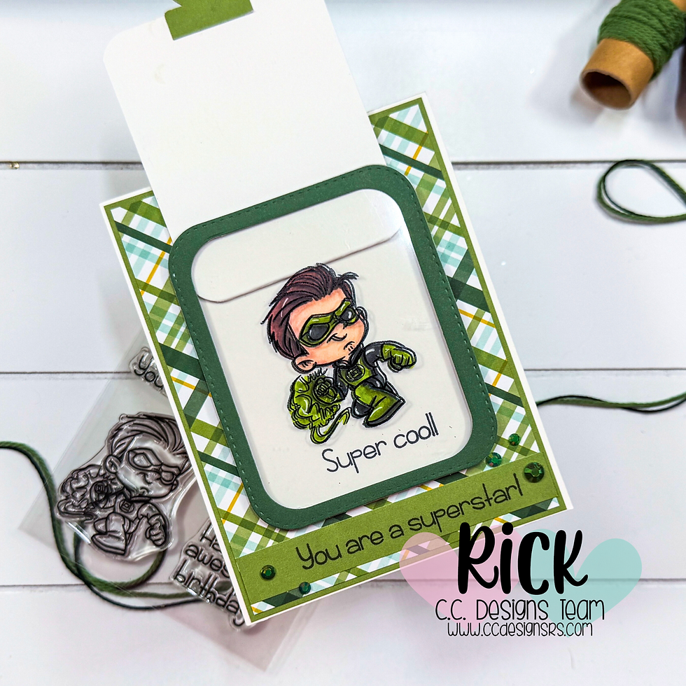 Card with a superhero illustration and "Super cool" text. Green checkered background. Text: "You are a superstar! Rick, CC Designs Team."