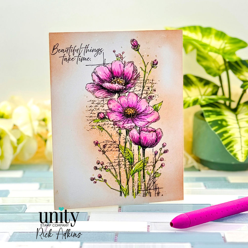 Greeting card with pink flowers and "Beautiful things take time." Text. Pink pen and green plant in the background. Bright and cheerful.