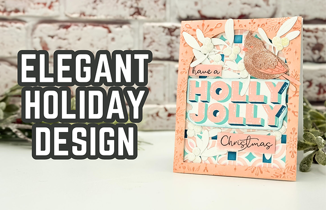 Holiday card with "Have a HOLLY JOLLY Christmas" in pastel colors, bird and foliage details, against a brick wall background.