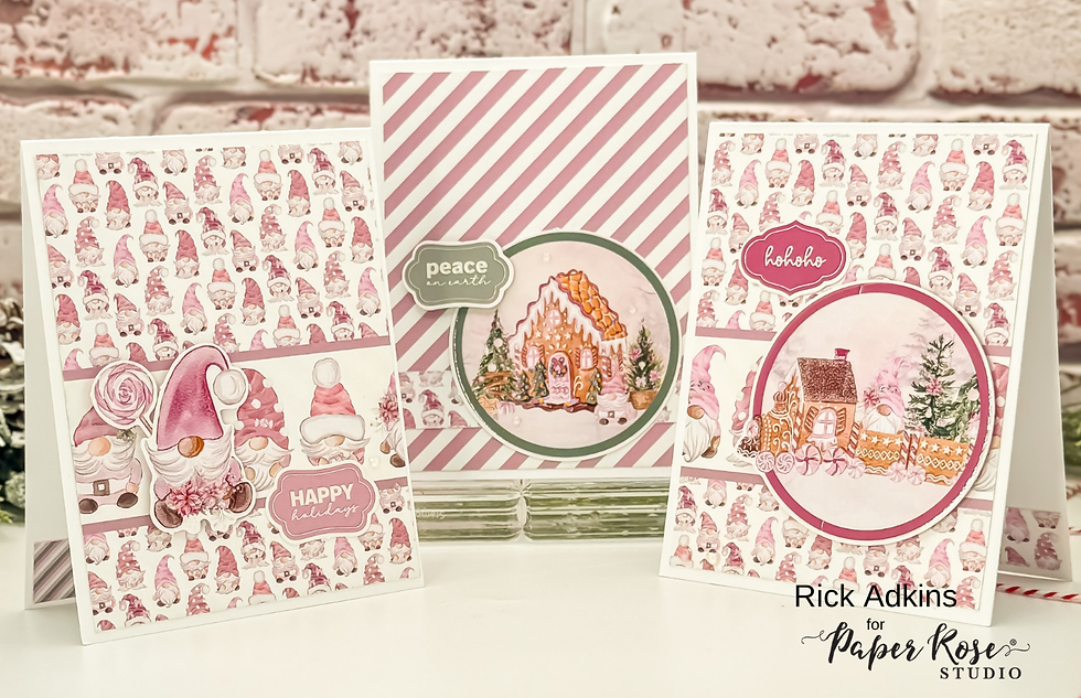 Three festive cards with pink and white gnome designs, gingerbread houses, and text saying "Happy Holidays," "peace on earth," and "hohoho."