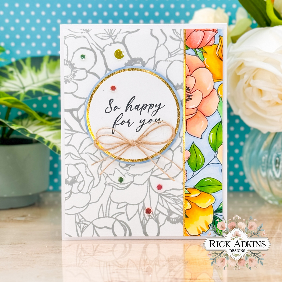 Greeting card with "So happy for you" text, floral designs, pastel colors, and a twine bow. Background has a plant and teal polka dots.