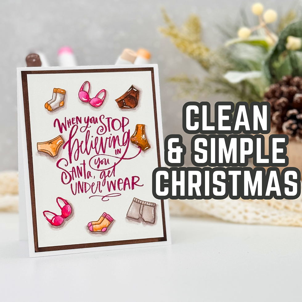 Christmas card with illustrated underwear and humorous text: "When you stop believing in Santa, you get underwear." Background is festive.