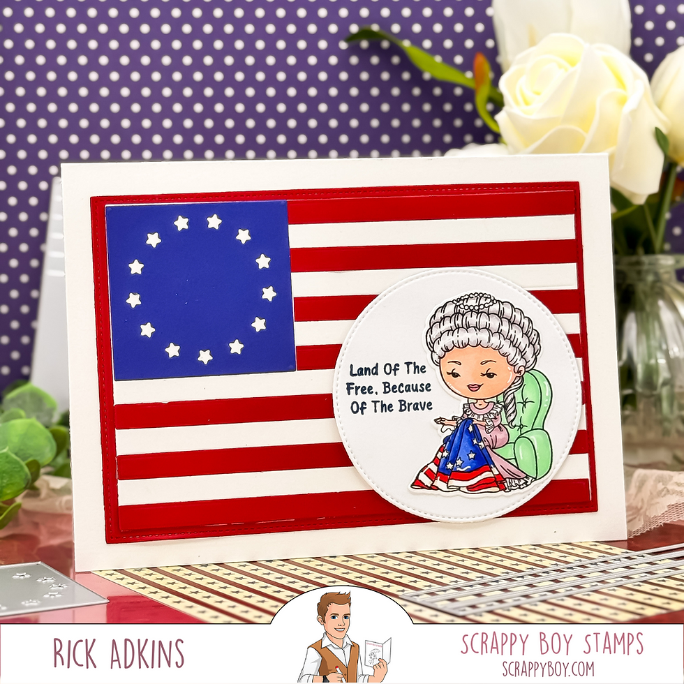 Card with US flag and illustration of a woman in historical dress. Text: "Land Of The Free. Because Of The Brave." White roses, purple polka dot background.