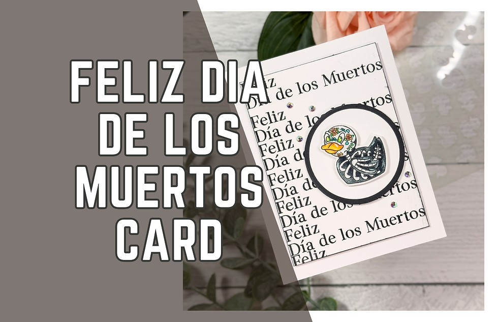 Dia de los Muertos card with a duck in a skeleton costume. Text "Feliz Dia de los Muertos" repeated. Background of leaves and wood.