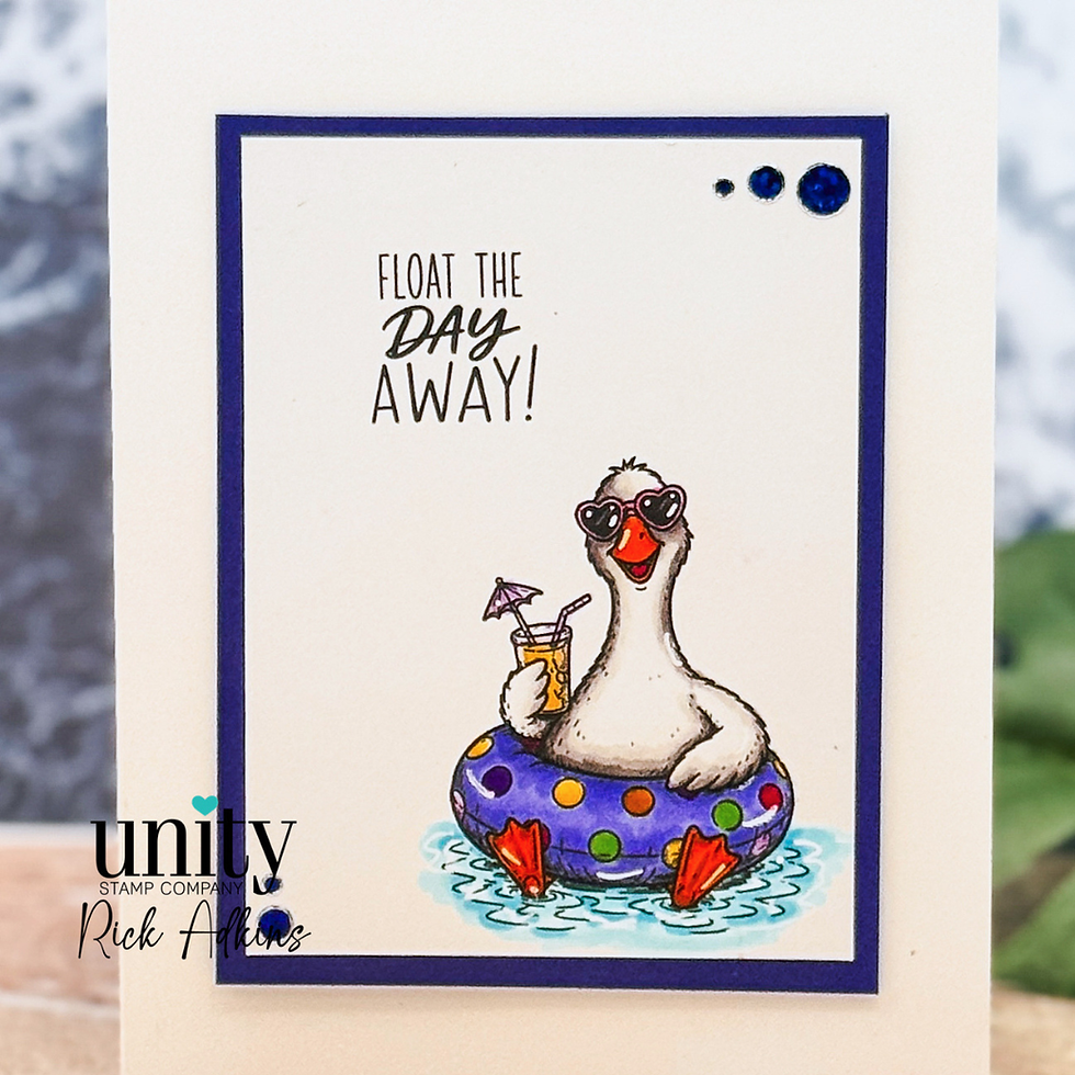 Cartoon goose in heart sunglasses floats in a polka-dot inner tube with a drink; text says Float the Day Away!