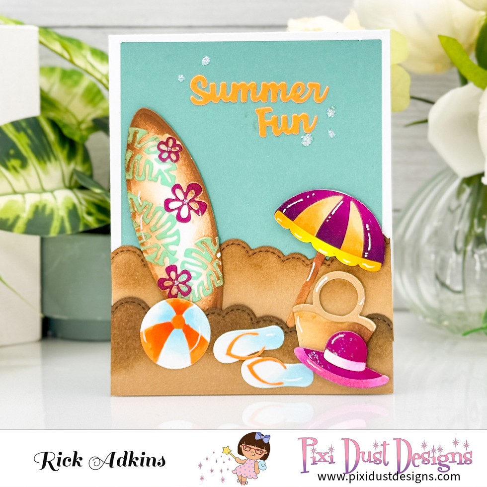 Beach-themed card with surfboard, umbrella, sandals, and hat on sand. Text reads "Summer Fun." Bright, colorful design.