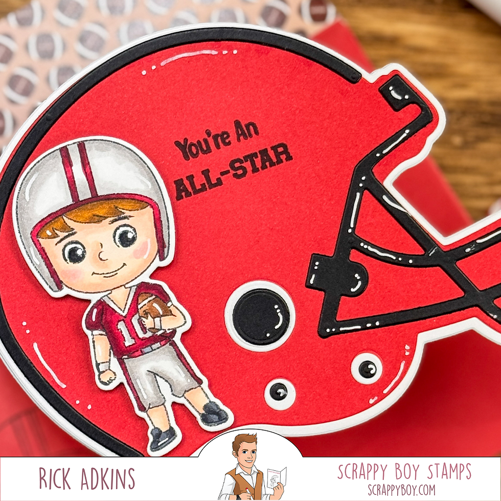 Illustration of a boy in football gear on a red helmet with text "You're An ALL-STAR." Background has a football pattern.