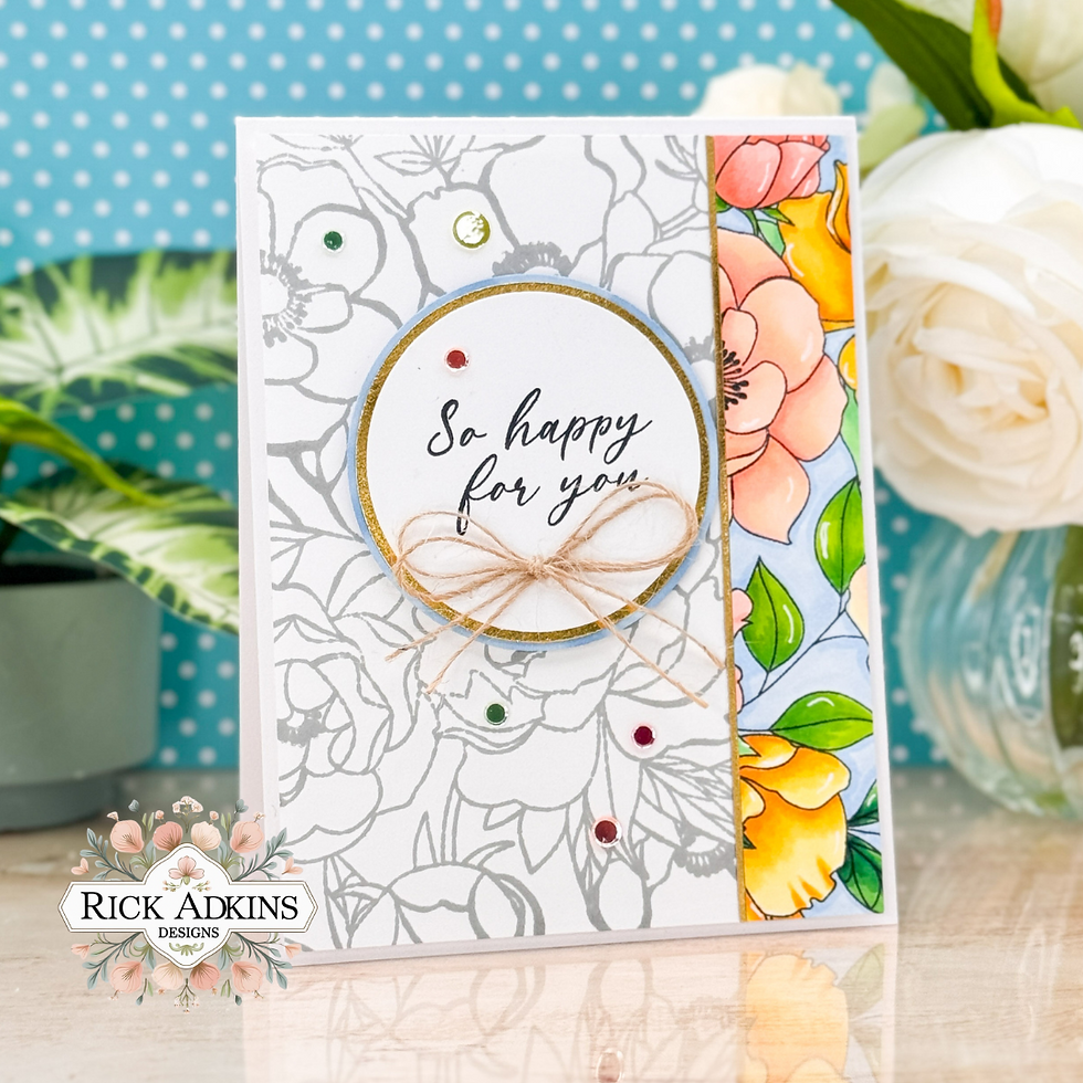 Floral greeting card with "So happy for you" text, surrounded by colorful flowers. Background: polka dot and plant.
