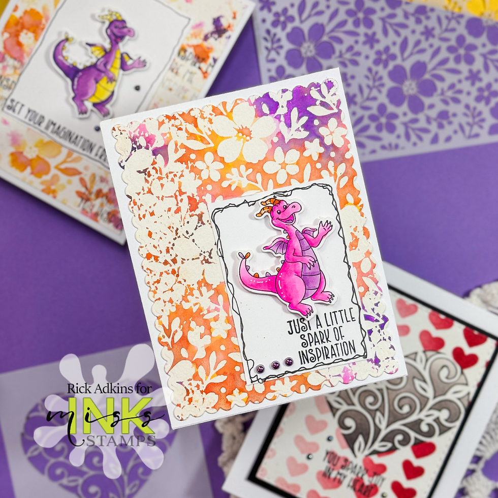 Colorful cards on a purple background feature a pink dragon. Text reads "Just a little spark of inspiration." Floral pattern edges.