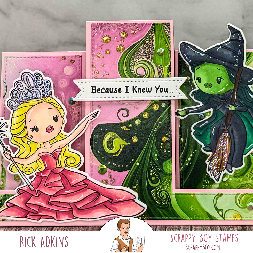 Cartoon Glinda in a pink dress points at Elphaba with a broom, set against a pink and green sparkly background. Text: "Because I Knew You..."