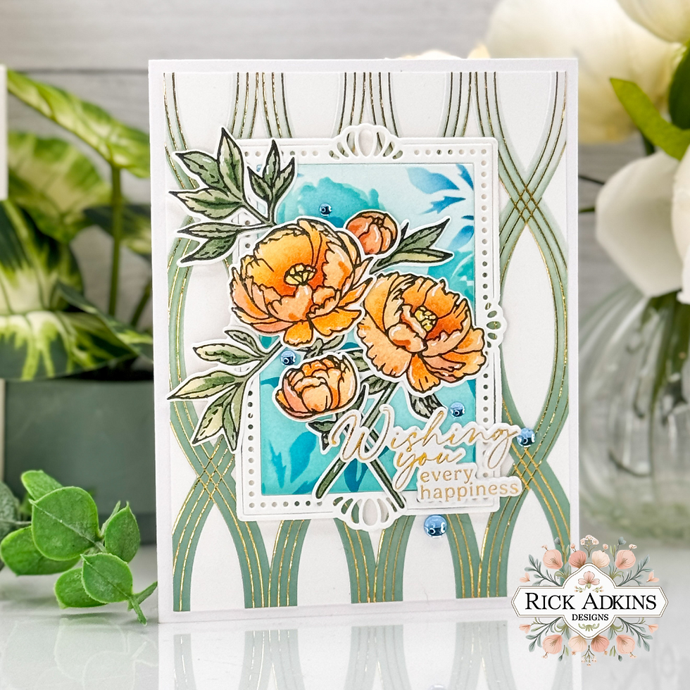 Floral card with orange flowers, green leaves, and blue background. Text reads "Wishing you every happiness." Decorative border in background.