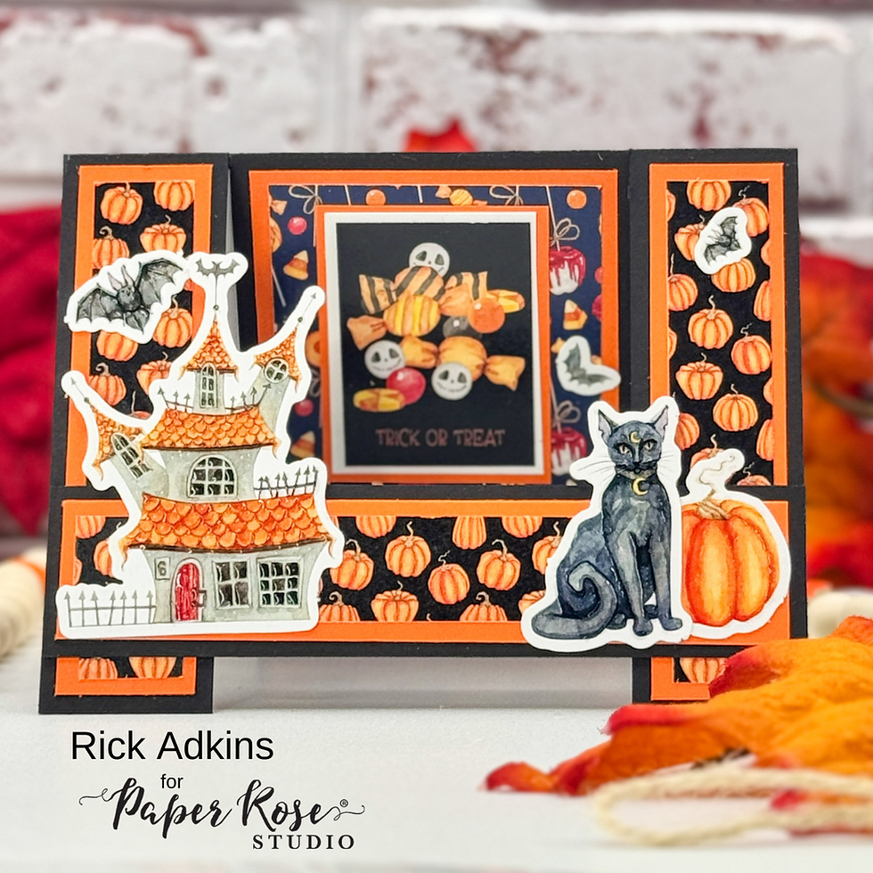 Halloween-themed card with pumpkins, bats, haunted house, black cat, and candy. Colors are orange and black. "Trick or Treat" text visible.