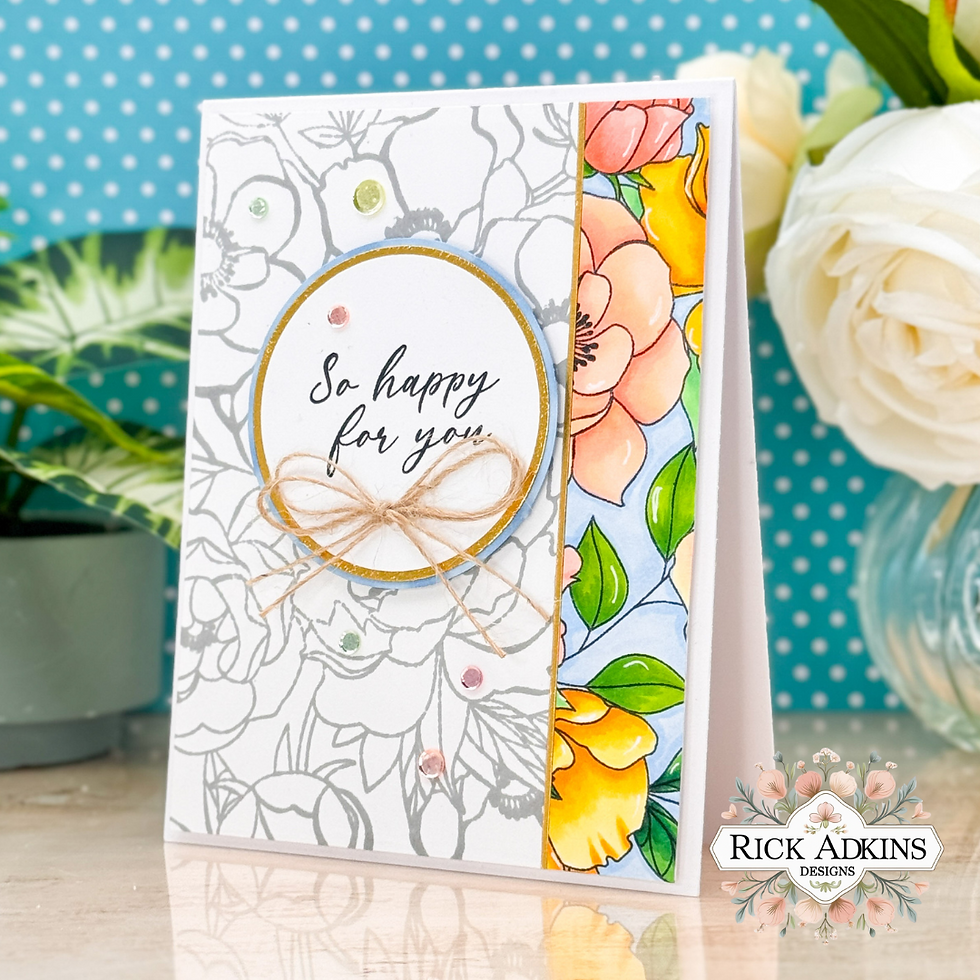 Greeting card with floral design, colorful blooms, and "So happy for you" text. Card has a twine bow; background is polka-dotted.